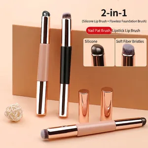 2-in-1 makeup brush with silicone lip tip and soft fiber foundation bristles and cap