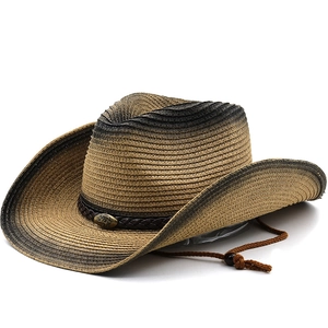 Classic Western straw cowboy hat with wide brim, leather band, and bull buckle detail