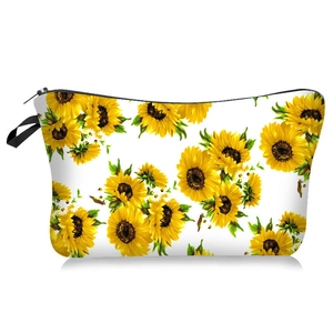 Trousse de toilette portable à imprimé tournesol avec fermeture éclair et dragonne noire