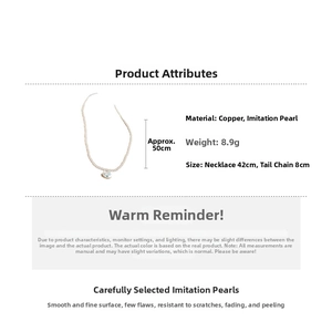 Detail showing the 42cm pearl necklace length and copper alloy horse pendant materials