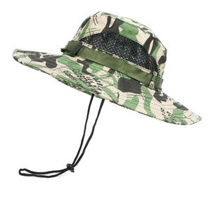 Detailed view of camouflage boonie hat with mesh panels and adjustable chin strap