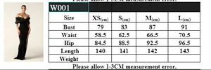 Detailed size chart for off-shoulder evening dress showing XS to L measurements in cm