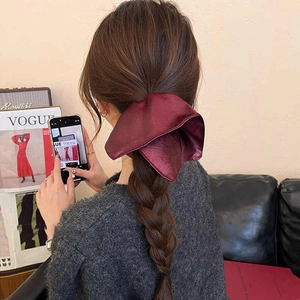 Retro burgundy leather texture square pleated bow hair scrunchie for women