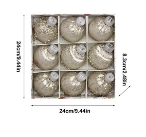Set of 9 champagne glitter Christmas balls in a box with product dimension markings
