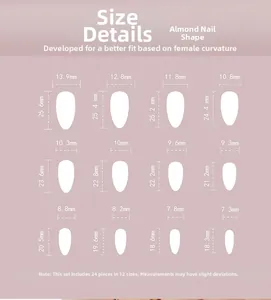 Größentabelle für Mandel-Nageltipps mit 12 verschiedenen Abmessungen in mm Angaben