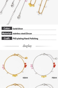 Detail view of colorful zircon drop bracelet in gold and silver with product specifications