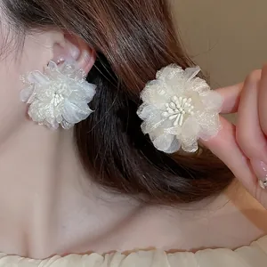 Elegant white mesh flower earrings with fabric petals and beaded stamen for women