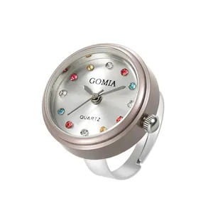 Mini Round Ring Watch For Women Fashion Finger Watch Quartz Movement With Colorful Rhinestones And Metal Elastic Band