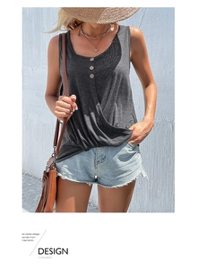 Detailed view of dark grey sleeveless top featuring three button decor and knit texture