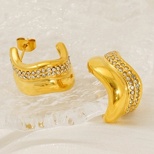 C Shape Ear Studs Stainless Steel 18K Gold Plated Water Ripple Rhinestone Irregular Twisted Elegant For Women