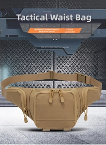 Tactical coyote tan waist bag featuring multiple compartments and adjustable buckle strap