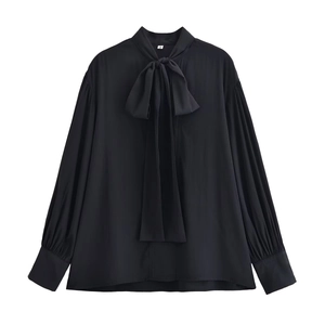 Women Elegant Bow Tie Neck Blouse Long Sleeve Polyester Solid Color Casual Shirt Fashion Tops