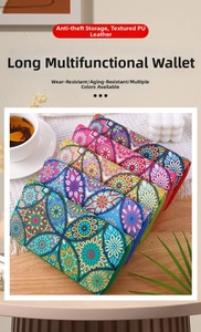 Detail view of long PU leather wallet with colorful mandala pattern and zip closure