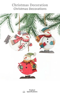 Three wooden Christmas snowman hanging ornaments with colorful hand-painted details
