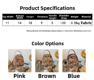 Size chart showing handbag dimensions 11x14x18 cm made of durable fabric material