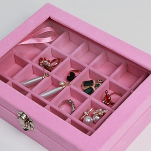 Portagioie in velluto rosa con coperchio trasparente e scomparti per anelli e orecchini