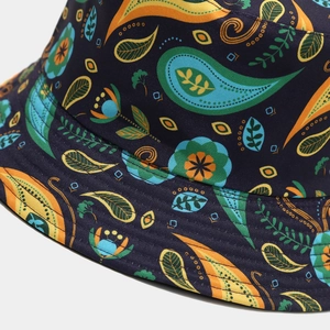 Reversible paisley bucket hat with vibrant floral digital print and double-stitched brim
