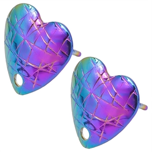 Detail of heart-shaped rainbow earrings with geometric texture and hanging hole