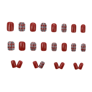 Glossy red and blue plaid press-on nails set in short round shape with 24 pieces