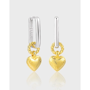 S925 Sterling Silver Heart Drop Earrings For Women Fashion Two-tone Gold Silver Rectangular Ear Buckle Niche Minimalist Jewelry