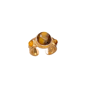 Anello vintage francese con occhio di tigre dorato con cornice a rilievo e design aperto