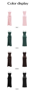 Color display of elegant long dresses with side slits in pink, green, brown, and black