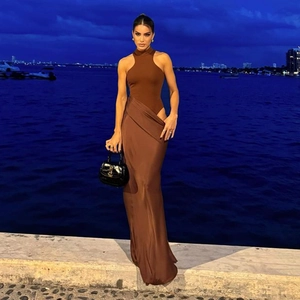 Elegant sleeveless hollow out maxi dress in brown satin finish for evening wear