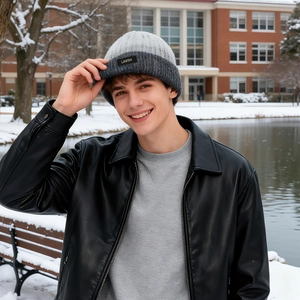 Mens winter knit beanie with grey color block and fleece lining for outdoor warmth