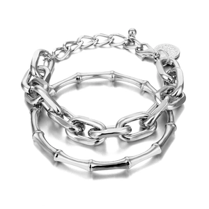 Ensemble de bracelets double couche argentés avec chaîne épaisse et maillons style bambou