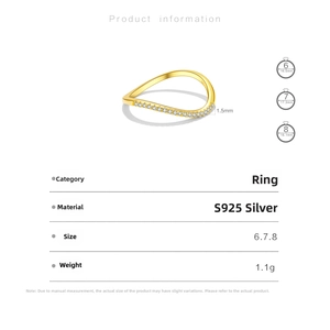 Detailed size chart for wavy S925 silver gold ring with zircon accents and dimensions
