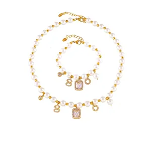 Retro Women Jewelry Titanium Steel 18K Gold Plated Shell Artificial Pearl Necklace And Bracelet Geometric Number Tag Rectangular Zircon