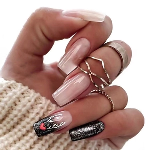 Faux Ongles Press On Noël Renne Cœur Paillettes Noires Long Coffin Résine Ongles Artificiels Style Hivernal Festif