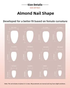Detailed size chart for almond-shaped press-on nails with 12 sizes and measurements