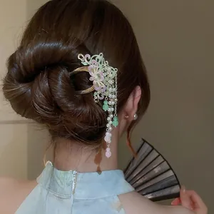 Chinese Style Vintage Floral Hair Clip Long Tassel Faux Artificial Pearl Alloy Rhinestone Elegant Hanfu Hairpins For Women