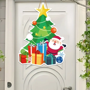 Christmas door sign featuring Santa and tree hanging on a white door for holiday decor