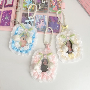 Kawaii Lace Photo Card Holder With Faux Artificial Pearl Chain Tulip Decor Angel Wings Idol Cards Storage Case Girly Frame