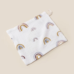 Soft cotton muslin baby burp cloth with colorful rainbow prints and hanging loop