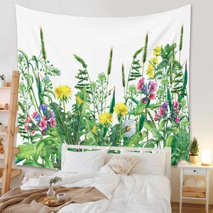 Detailed watercolor floral tapestry hanging on a white wall in a cozy bedroom setting