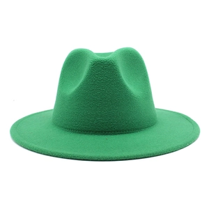 Close-up of emerald green wool felt fedora showing the classic jazz crown and wide brim