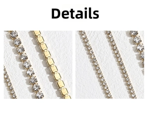 Detail showing gold-plated metal chains and tight-set round clear rhinestone links
