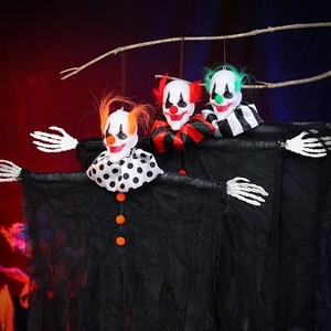 Three-piece hanging Halloween clown skeleton ghosts with colorful hair and fabric robes