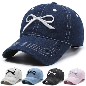 Bow Embroidery Denim Baseball Cap Washed Cotton Adjustable Sun Hat Casual Versatile For Women
