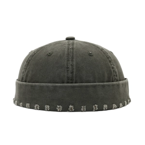 Bonnet docker vintage gris foncé délavé en coton avec bords effilochés usés