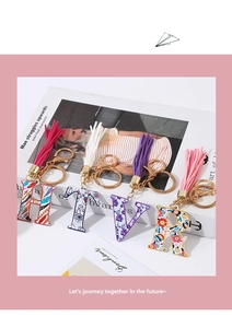 Detail of bohemian alphabet keychains with colorful tassels and golden lobster clasps