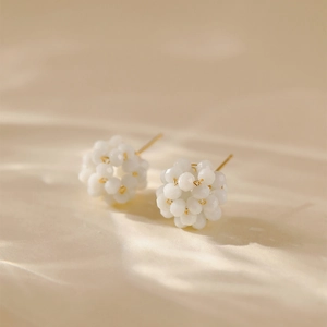 Elegant 18K gold plated French style woven white bead stud earrings for women