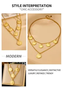 Detail of layered gold chain necklace featuring vintage coin pendant with relief carving