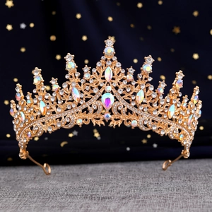 Golden Baroque bridal crown with colorful crystals and star-patterned dark blue backdrop