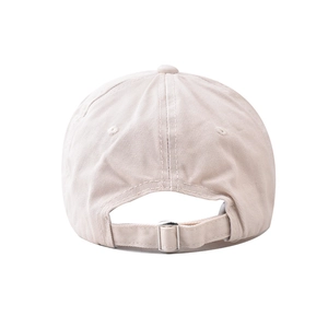 Rear view of beige cotton baseball cap with adjustable metal buckle and stitching details