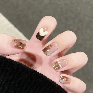 Handmade Amber Marble Coffee Press On Nails With Gold Foil 3D Heart Rhinestones Mother Of Artificial Pearl Chain Elegant