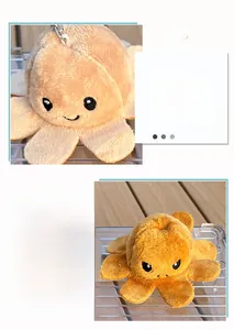 Detail of reversible octopus plush toy showing happy yellow and angry orange faces